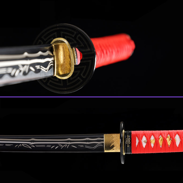 Tsuba Habaki View - 1045 High-Carbon Steel Blade w/ Black Coloring & Notare Hamon, Black Matte Saya, Red Handle wrap, Zinc Alloy Tsuba & Fittings Tsuba Habaki View - 1045 High-Carbon Steel Blade w/ Black Coloring & Notare Hamon, Black Matte Saya, Red Handle wrap, Zinc Alloy Tsuba & Fittings
