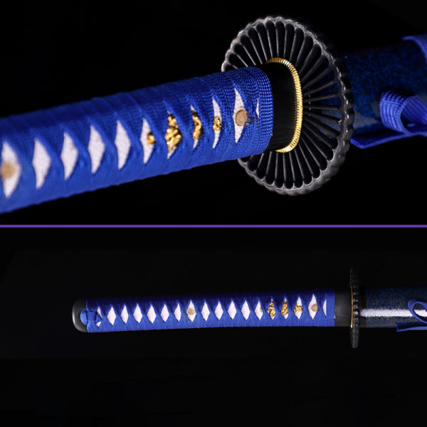 Tsuba Same Ito - 1045 High-Carbon Steel Blade w/ Notare Hamon & Single Bo-Hi, Golden Blue Saya, Blue Handle wrap, Enflowered Opening Zinc Alloy Tsuba & Fittings Tsuba Same Ito - 1045 High-Carbon Steel Blade w/ Notare Hamon & Single Bo-Hi, Golden Blue Saya, Blue Handle wrap, Enflowered Opening Zinc Alloy Tsuba & Fittings