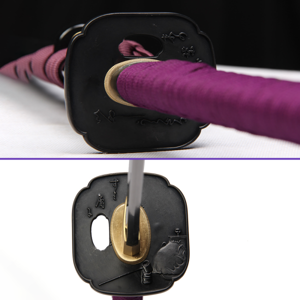 Tsuba Views - 1060 Carbon Steel Blade with Notare (Wave) Abrasive Hamon & Single Bo-Hi, Black Glossy Saya, Dark Purple Rayon Handle Wrap, Brass Tsuba & Fittings Tsuba Views - 1060 Carbon Steel Blade with Notare (Wave) Abrasive Hamon & Single Bo-Hi, Black Glossy Saya, Dark Purple Rayon Handle Wrap, Brass Tsuba & Fittings