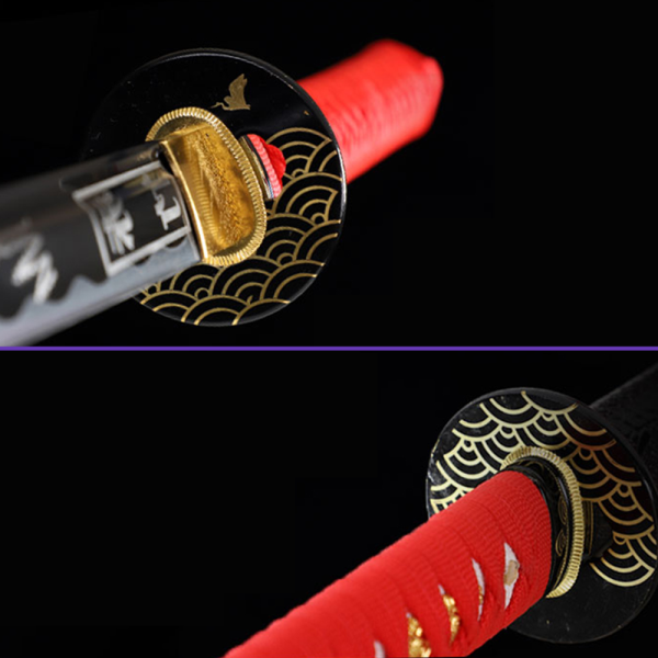 Tsuba Views - 1045 High-Carbon Steel Blade w/ Black Coloring & Notare Hamon, Premium Black Saya, Red Handle wrap, Zinc Alloy Tsuba & Fittings Tsuba Views - 1045 High-Carbon Steel Blade w/ Black Coloring & Notare Hamon, Premium Black Saya, Red Handle wrap, Zinc Alloy Tsuba & Fittings