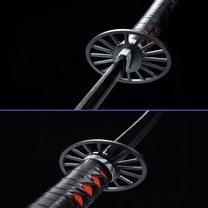 Tsuba Views - Kamado Tanjiro's Sword from the Demon Slayer Anime Series (Unsharpened): 1045 Carbon Steel Blade, Black Matte Saya, Black Leather Handle, Iron Tsuba & Fittings.