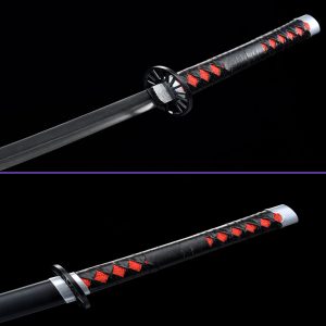 Same - Kamado Tanjiro's Sword from the Demon Slayer Anime Series (Unsharpened): 1045 Carbon Steel Blade, Black Matte Saya, Black Leather Handle, Iron Tsuba & Fittings.