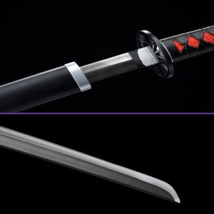 Blade Closeup Views - Kamado Tanjiro's Sword from the Demon Slayer Anime Series (Unsharpened): 1045 Carbon Steel Blade, Black Matte Saya, Black Leather Handle, Iron Tsuba & Fittings.