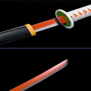 Blade Closeup View - Tsuyuri Kanawo's Sword from the Demon Slayer Anime Series: 1045 Carbon Steel Blade Black Matte Saya, White Rayon Handle & Orange Habaki
