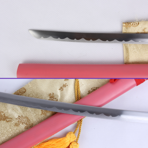 Blade Closeup View - Luppi Antenor's Trepadora Sword from the Bleach Anime Series: 1045 Carbon Steel Straight Blade w/ Pink Matte Saya, Red Rayon Handle & Zinc Alloy Fittings