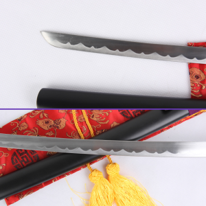 Blade Closeup View - Kyouraku Shunsui's Sword from the Bleach Anime Series: 1045 Carbon Steel Blade w/ Hamon, Black Matte Saya, Purple Rayon Handle & Zinc Alloy Fittings