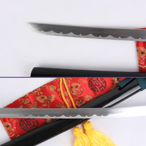 Blade Closeup View - Aizen Sousuke's Sword from the Bleach Anime Series: 1045 Carbon Steel Blade with Hamon, Black Glossy Saya, Dark Green Rayon Handle & Zinc Alloy Fittings