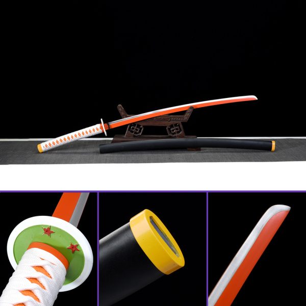 Full Main View - Tsuyuri Kanawo's Sword from the Demon Slayer Anime Series: 1045 Carbon Steel Blade Black Matte Saya, White Rayon Handle & Orange Habaki