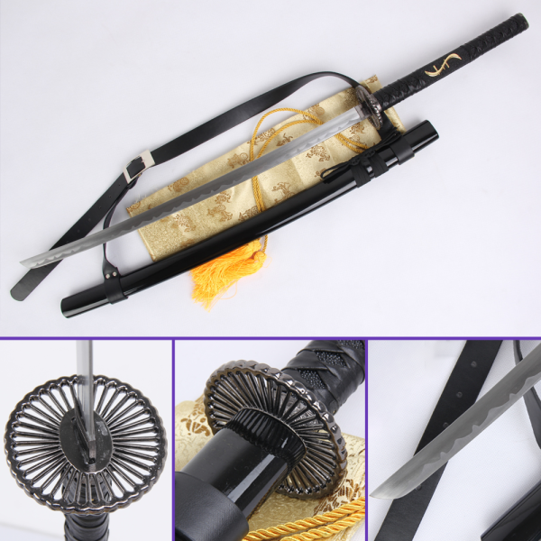 Full View - Kai's  Sword from the Ronin 47 Movie: 1045 High-Carbon Steel Blade Made with Black Leather Handle, Black Glossy Saya and Zinc Alloy Tsuba & Fittings