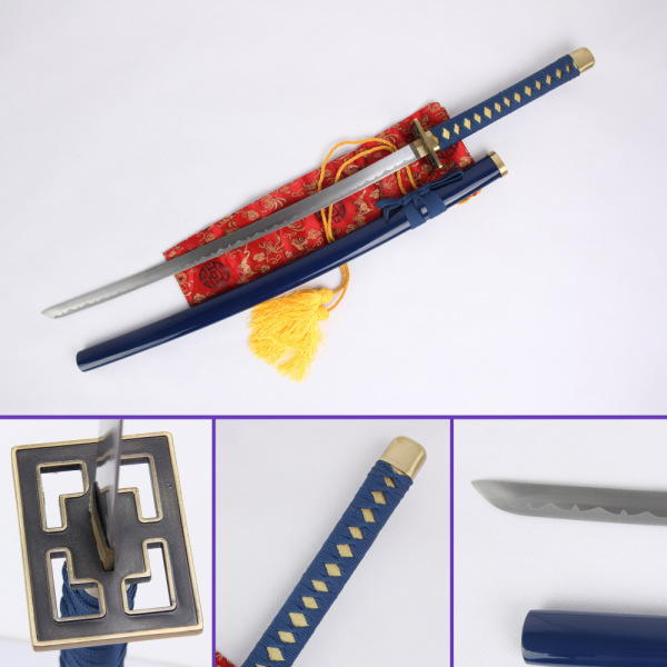 Full View - Kurosaki Ichigo's Zangetsu Butcher Sword from the Bleach Anime Series: 1045 Carbon Steel Blade w/ Navy Glossy Saya, Dark Blue Handle & Zinc Alloy Fittings