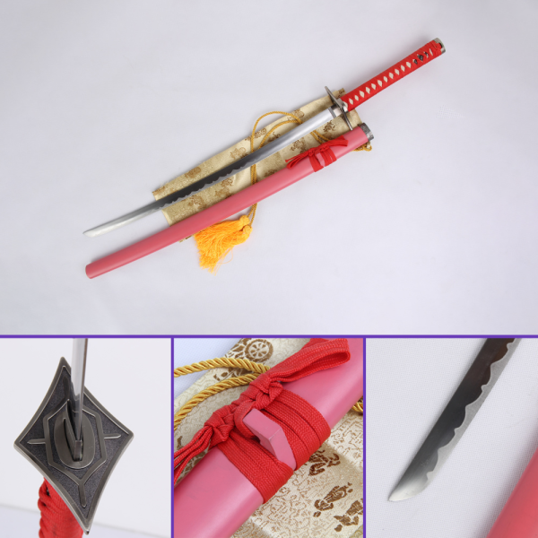 Full View - Luppi Antenor's Trepadora Sword from the Bleach Anime Series: 1045 Carbon Steel Straight Blade w/ Pink Matte Saya, Red Rayon Handle & Zinc Alloy Fittings