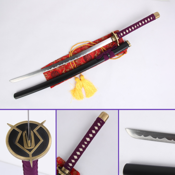 Full View - Kyouraku Shunsui's Sword from the Bleach Anime Series: 1045 Carbon Steel Blade w/ Hamon, Black Matte Saya, Purple Rayon Handle & Zinc Alloy Fittings