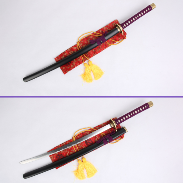 Full View Alternate - Kyouraku Shunsui's Sword from the Bleach Anime Series: 1045 Carbon Steel Blade w/ Hamon, Black Matte Saya, Purple Rayon Handle & Zinc Alloy Fittings Full View Alternate - Kyouraku Shunsui's Sword from the Bleach Anime Series: 1045 Carbon Steel Blade w/ Hamon, Black Matte Saya, Purple Rayon Handle & Zinc Alloy Fittings