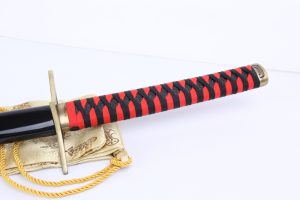 Handle Wrap - Rojuro Otoribashi's Sword from the Bleach Anime Series: 1045 Carbon Steel Blade with Hamon, Black Glossy Saya, Red & Black Rayon Handle, Zinc Alloy Fittings