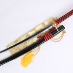 Full View - Rojuro Otoribashi's Sword from the Bleach Anime Series: 1045 Carbon Steel Blade with Hamon, Black Glossy Saya, Red & Black Rayon Handle, Zinc Alloy Fittings