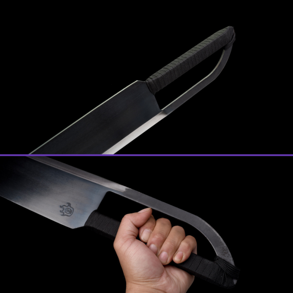 Ito View - Kurosaki Ichigo's Zangetsu Small Knife from the Bleach Anime Series: 1045 Carbon Steel Blade w/ Black Coloring, Black Leather Saya, Black Handle Ito View - Kurosaki Ichigo's Zangetsu Small Knife from the Bleach Anime Series: 1045 Carbon Steel Blade w/ Black Coloring, Black Leather Saya, Black Handle