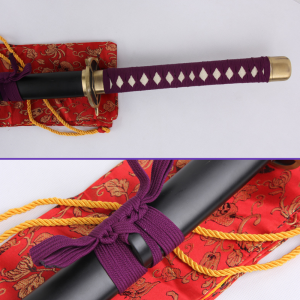 Same Ito Sageo - Kyouraku Shunsui's Sword from the Bleach Anime Series: 1045 Carbon Steel Blade w/ Hamon, Black Matte Saya, Purple Rayon Handle & Zinc Alloy Fittings