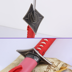 Tsuba Views - Luppi Antenor's Trepadora Sword from the Bleach Anime Series: 1045 Carbon Steel Straight Blade w/ Pink Matte Saya, Red Rayon Handle & Zinc Alloy Fittings