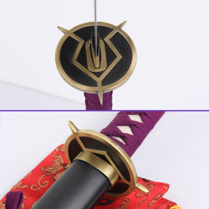 Tsuba Views - Kyouraku Shunsui's Sword from the Bleach Anime Series: 1045 Carbon Steel Blade w/ Hamon, Black Matte Saya, Purple Rayon Handle & Zinc Alloy Fittings