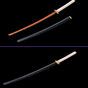 full view 1 - Tsuyuri Kanawo's Sword from the Demon Slayer Anime Series: 1045 Carbon Steel Blade Black Matte Saya, White Rayon Handle & Orange Habaki