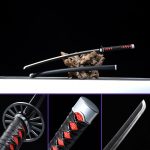 full view - Kamado Tanjiro's Sword from the Demon Slayer Anime Series (Unsharpened): 1045 Carbon Steel Blade, Black Matte Saya, Black Leather Handle, Iron Tsuba & Fittings.