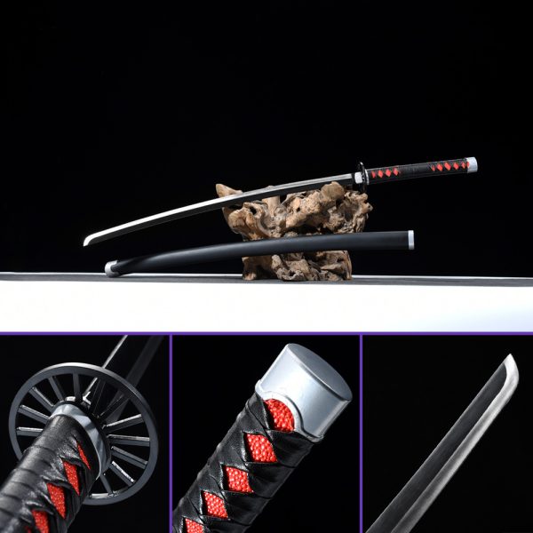 full view - Kamado Tanjiro's Sword from the Demon Slayer Anime Series (Unsharpened): 1045 Carbon Steel Blade, Black Matte Saya, Black Leather Handle, Iron Tsuba & Fittings.